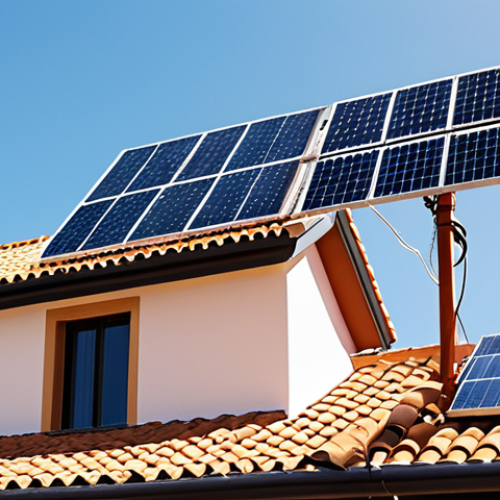 **

"Modern Spanish home rooftop with sleek solar panels glistening in the sun, showcasing energy efficiency. In the background, a utility pole symbolizes the grid connection. Bright, sunny day. Focus on sustainability."

**