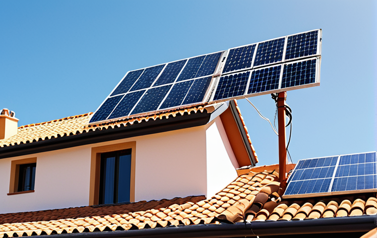 **
"Modern Spanish home rooftop with sleek solar panels glistening in the sun, showcasing energy efficiency. In the background, a utility pole symbolizes the grid connection. Bright, sunny day. Focus on sustainability."
**