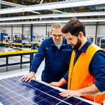 A diverse team of professional engineers and technicians, fully clothed in modest work attire and appropriate safety gear, diligently inspecting advanced solar panel components on a clean workbench within a modern, well-lit manufacturing facility. The background features precision machinery and a pristine, ethical production environment. The scene emphasizes innovation and responsible manufacturing processes, appropriate content, safe for work, perfect anatomy, correct proportions, natural pose, well-formed hands, proper finger count, natural body proportions, professional photography, high quality.