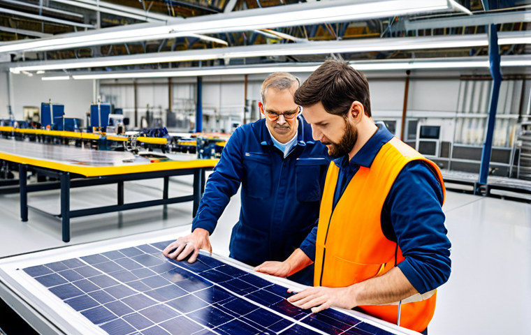 A diverse team of professional engineers and technicians, fully clothed in modest work attire and appropriate safety gear, diligently inspecting advanced solar panel components on a clean workbench within a modern, well-lit manufacturing facility. The background features precision machinery and a pristine, ethical production environment. The scene emphasizes innovation and responsible manufacturing processes, appropriate content, safe for work, perfect anatomy, correct proportions, natural pose, well-formed hands, proper finger count, natural body proportions, professional photography, high quality.