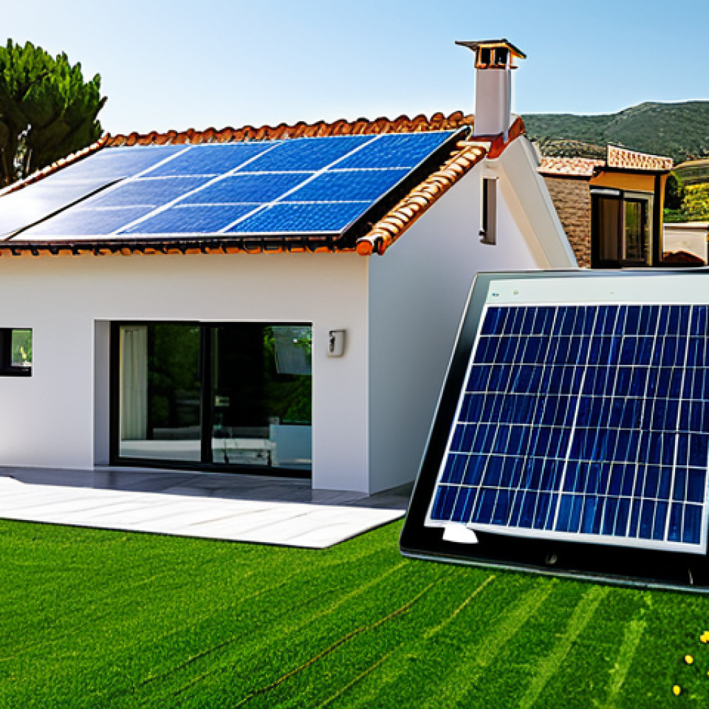 Modern Home with Solar Panels and Savings**
"A modern, family-friendly home in Spain with solar panels on the roof, surrounded by a well-maintained garden. The scene is bright and sunny, with a visual representation of energy flowing from the panels into the house (e.g., subtle light beams). In the foreground, a happy family is checking their significantly reduced electricity bill on a tablet. The overall feel is positive and aspirational, showcasing the financial benefits of solar energy. The architectural style should be typical of Spanish homes. fully clothed, appropriate content, safe for work, perfect anatomy, natural proportions, professional, family-friendly"
**