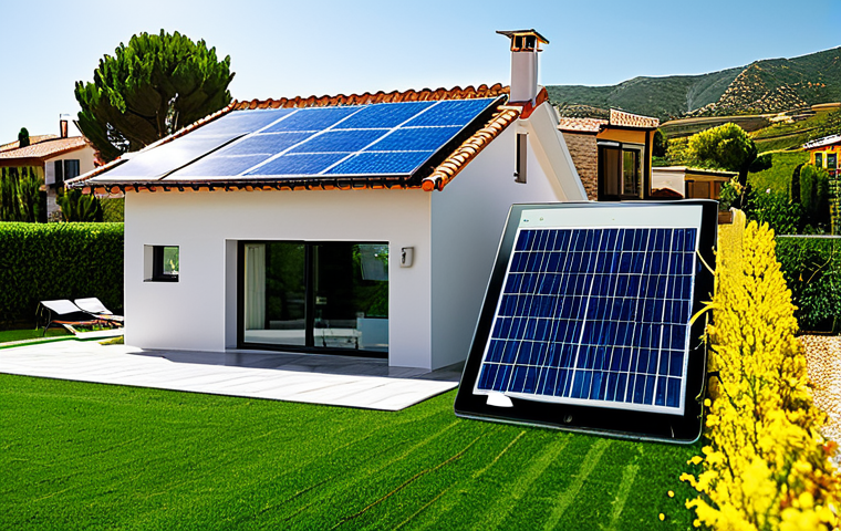 Modern Home with Solar Panels and Savings**
"A modern, family-friendly home in Spain with solar panels on the roof, surrounded by a well-maintained garden. The scene is bright and sunny, with a visual representation of energy flowing from the panels into the house (e.g., subtle light beams). In the foreground, a happy family is checking their significantly reduced electricity bill on a tablet. The overall feel is positive and aspirational, showcasing the financial benefits of solar energy. The architectural style should be typical of Spanish homes. fully clothed, appropriate content, safe for work, perfect anatomy, natural proportions, professional, family-friendly"
**