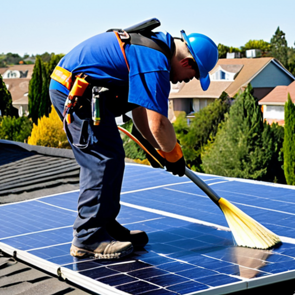 태양광 발전 설치 시 발생할 수 있는 유지보수 문제 - Solar Panel Cleaning**
"A maintenance worker in appropriate safety gear cleans solar panels on a ro...
