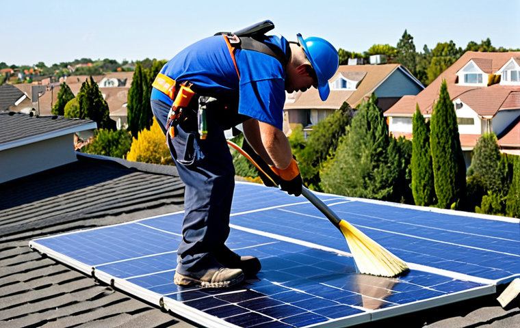 태양광 발전 설치 시 발생할 수 있는 유지보수 문제 - Solar Panel Cleaning**
"A maintenance worker in appropriate safety gear cleans solar panels on a ro...