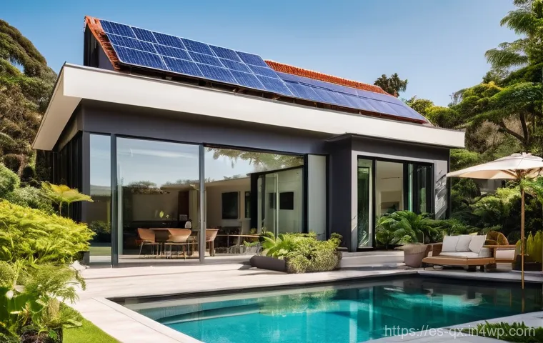 태양광 발전 설치를 위한 최신 트렌드 - **Prompt:** A breathtaking architectural shot of a modern, eco-friendly house under a clear, bright ...