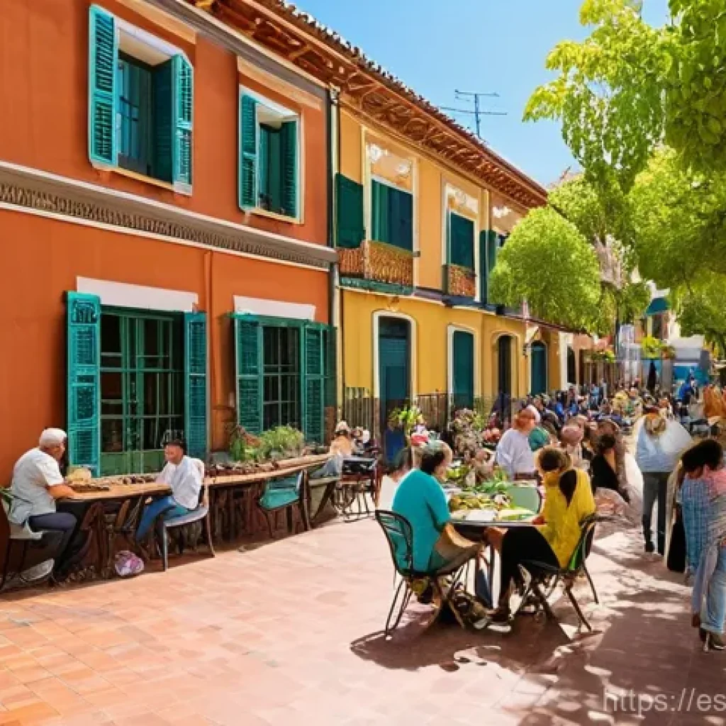 태양광 발전 설치를 위한 지역 사회의 역할 - **Prompt:** A bustling, vibrant community street in a Spanish-speaking neighborhood under a clear, s...