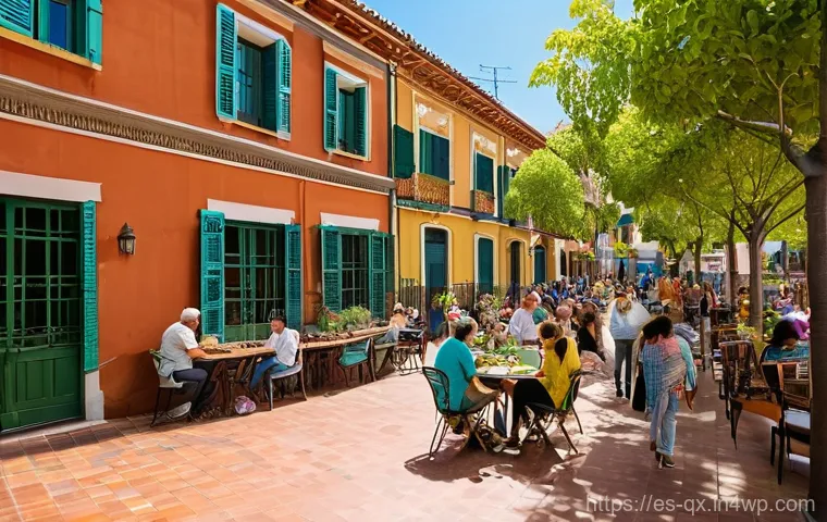 태양광 발전 설치를 위한 지역 사회의 역할 - **Prompt:** A bustling, vibrant community street in a Spanish-speaking neighborhood under a clear, s...