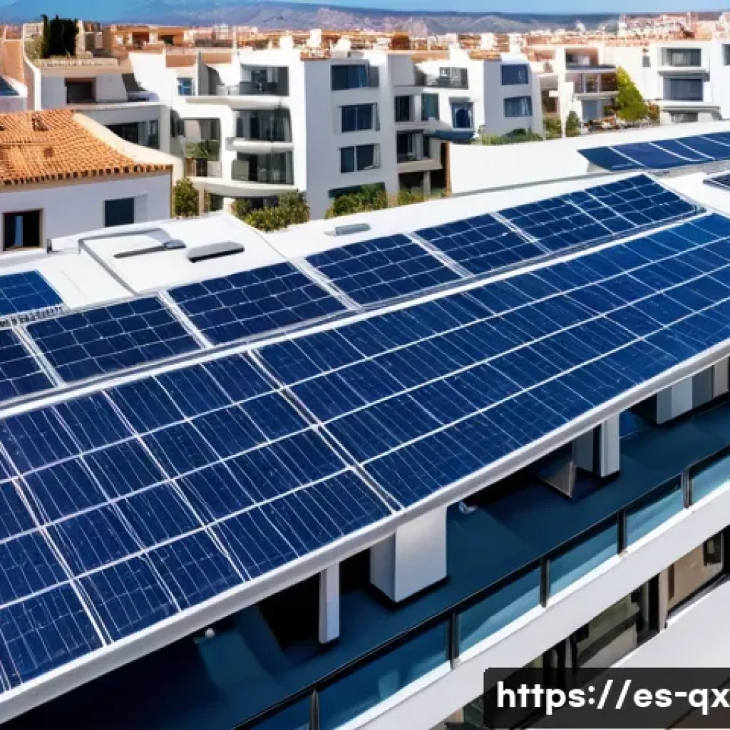 태양광 발전 설치 후 에너지 자급률 변화 - A modern Spanish residential neighborhood in Valencia during a sunny day, showcasing rooftop solar p...
