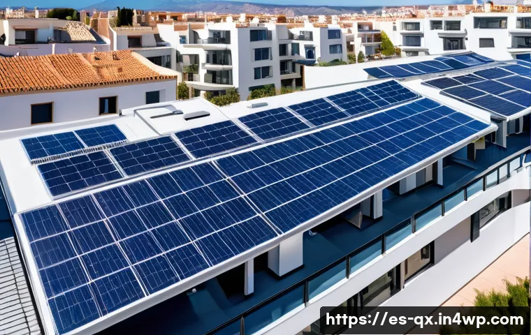 태양광 발전 설치 후 에너지 자급률 변화 - A modern Spanish residential neighborhood in Valencia during a sunny day, showcasing rooftop solar p...