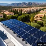 Home 19 태양광 발전 설치를 위한 장기적 비전 설정 - A detailed aerial view of a modern solar panel installation on a residential rooftop in Spain, showc...