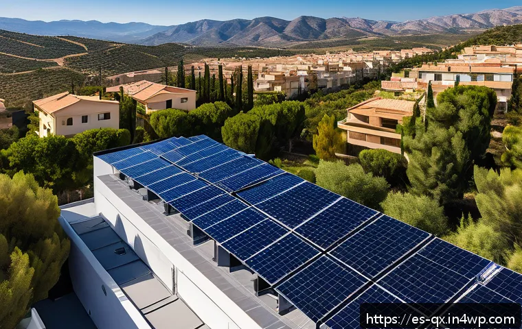 태양광 발전 설치를 위한 장기적 비전 설정 - A detailed aerial view of a modern solar panel installation on a residential rooftop in Spain, showc...