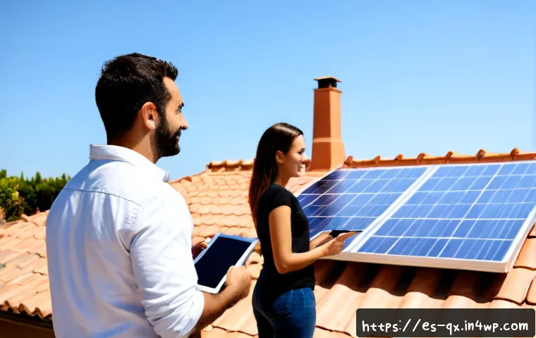 Home 17 태양광 발전 설치 시 고객의 요구 사항 - Photorealistic solar consultation at a sunlit Spanish family home, a homeowner couple in casual clot...