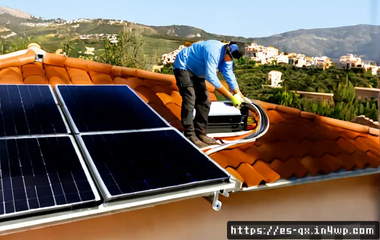 Home 17 태양광 발전 설치를 위한 자재 선택 가이드 - Photorealistic rooftop solar installation in a sunny Spanish Mediterranean suburb, a skilled technic...